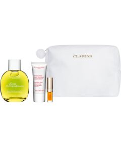 Set Clarins: Eau Extraordinaire, Eau De Toilette, For Women, 100 ml + Moisture-Rich, Shea Butter, Moisturising, Body Lotion, Body, 30 ml + Lip Confort, Lip Oil, 01, 1.4 ml *Miniature + Clarins, Zippered, GWP Textile Pouch, White Dāvanu komplekti