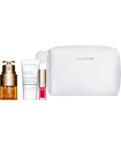 Set Clarins: Double Serum, Anti-Age, Eye Serum, 20 ml + Cryo-Flash, Firming & Radiance, Cream Mask, For Face, 15 ml + Lip Confort, Lip Oil, 04, 1.4 ml + Clarins, Zippered, GWP Textile Pouch, White Dāvanu komplekti