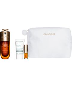 Set Clarins: Double, Anti-Ageing, Serum, For Face, 50 ml + Cryo-Flash, Firming & Radiance, Cream Mask, For Face, 15 ml + Lip Confort, Lip Oil, 01, 1.4 ml *Miniature + Clarins, Zippered, GWP Textile Pouch, White Парфюмерные наборы