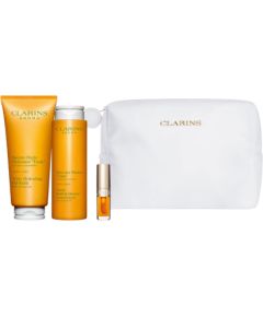 Set Clarins: Aroma, Essential Oils, Hydrating, Body Oil, 200 ml + Aroma, Essential Oils, Shower Gel, All Over The Body, 200 ml + Lip Confort, Lip Oil, 01, 1.4 ml *Miniature + Clarins, Zippered, GWP Textile Pouch, White Парфюмерные наборы