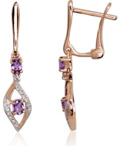 Zelta auskari ar 'angļu' slēdzēju #1200972(Au-R+PRh-W)_DI+AM, Sarkanais Zelts 585°, rodijs (pārklājums), Briljanti (0,056Ct), Ametists, 1.67 gr. Zelta auskari ar "angļu" slēdzēju