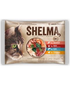 SHELMA Rich in salmon, cod, beef and chicken - wet cat food - 4x85g Kaķu konservi