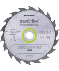 Griešanas disks kokam Metabo 628294000; 165x20 mm; Z18; 20° Zāģripas