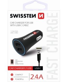 Swissten Premium Auto Lādētājs 12 / 24V / 1A + 2.1A + USB-C Datu Kabelis 100 cm Melns
