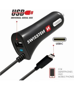 Swissten Premium Auto Lādētājs 12 / 24V / 2.4A + iebūvēts USB-C Datu Kabelis 100 cm Melns