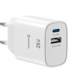 Swissten Edge Сетевое зарядное устройство USB-C PD 25W + USB-A QC 18W White Зарядные устройства