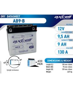 9.5Ah 115A Axcell DRY moto akumulators 135x75x139 Akumulatori