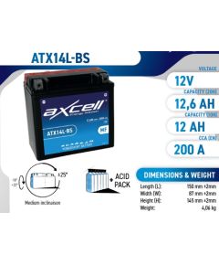 12.6Ah 200A Axcell AGM moto akumulators 150x87x145 Akumulatori