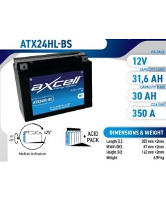 22.1Ah 350A Axcell AGM moto akumulators 205x87x162 Akumulatori