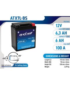 6.3Ah 100A Axcell AGM moto akumulators 113x70x130 Akumulatori