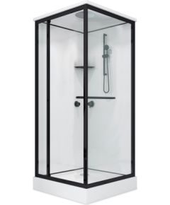 Dušas kabīne GOTLAND Berta 90*90*215cm , baltā aizmugure, caurspīdīgie stikli, melnais profils, seklais paliktnis 12cm Dušas kabīnes