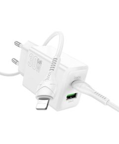 Charger Hoco N71 30W GaN USB-C/USB-A + USB-C to Lightning cable 1.0m white Telefonu lādētāji 220v