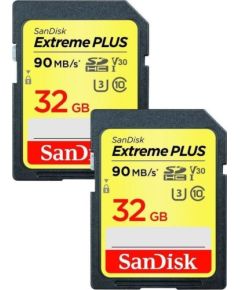 set SanDisk Extreme Plus SDHC 32 GB + 32 GB Class 10 UHS-I/U3 V30 (SDSDXWT-032G-GNCI2) Atmiņas kartes micro SD SDHC