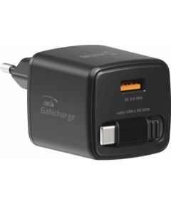 Swissten SlideCHARGE GaN Зарядное устройство 30W USB-A 18W С выдвижным USB-C проводом 0.75m Черный Зарядные устройства