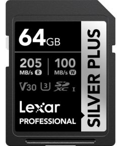 Lexar Professional Silver Plus SDXC 64 GB Class 10 UHS-I/U3 V30 (LSDSIPL064G-BNNNG) Atmiņas kartes micro SD SDHC