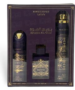 Lattafa Bade'e Al Oud Amethyst Dárková sada EDP 100 ml, deospray 200 ml a Air Freshener 300 ml 100ml Dāvanu komplekti
