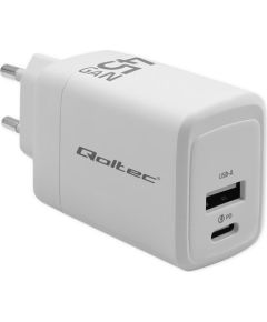 Qoltec 51825 GaN 45W charger| 5-20V | 1.5-3A | 1 x USB-C PD | 1x USB QC 3.0 | White Зарядные устройства