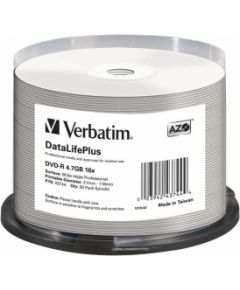 Matricas DVD-R AZO Verbatim 4.7GB 16x Wide Printable non ID,50 Pack Spindle CD DVD Матричные Диски