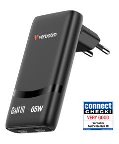 Lādētājs Verbatim Fold n Go GaN 65W 2-Port Black Telefonu lādētāji 220v