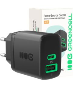 Green Cell Lādētājs Greencell PowerSource Duo30 30W Black Telefonu lādētāji 220v