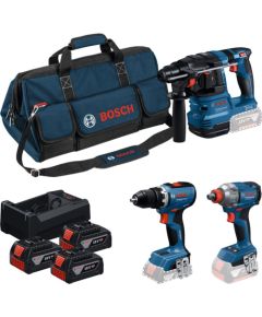 Bosch Powertools 18V professional set hammer drill GBH 18V-22 + drill driver GSR 18V-65 + impact wrench GDX 18V-285 (blue/black, 3x Li-ion battery 5.0 Ah, tool bag) Jaunumi -Dārzam