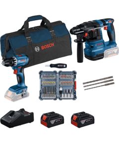 Bosch Powertools 18V professional set hammer drill GBH 18V-22 + drill driver GSR 18V-45 (blue/black, 2x Li-ion battery 4.0Ah, hammer drill and bit set, tool bag) Jaunumi -Dārzam