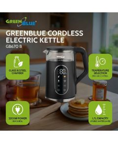 GreenBlue Cordless Electric Kettle, 1.7 L capacity, glass water tank, easy-to-read display, temperature selection, 2200 W, GB670 B Tējkannas (elektriskās)