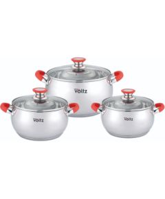 Oliver Voltz Katlu komplekts Voltz OV51210N6B, 18/20/22 cm = 2,5/3,5/4,6 l, sarkani rokturi, nerūsējošais tērauds Katli