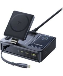 Baseus NOMOS 140W Qi2 5-в-1 Беспроводное зарядное устройство со сворачиваемым кабелем USB-C и цифровым дисплеем / чёрная Bezvadu telefonu lādētāji
