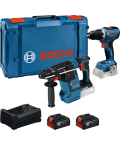 Bosch Powertools Combo Kit cordless drill 18 volt 65 + hammer drill 18 volt 26 with 2 batteries 5 Ah and charger (kit) Instrumentu kastes