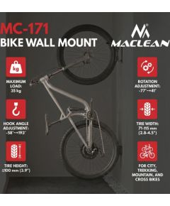 Maclean Wall-Mounted Bike Rack / Hanger, max. load 35 kg, adjustable tilt angle, steel, MC-171 Велосипеды