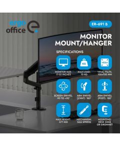 Ergo Office Monitor Mount/Hanger, Gas Spring, 17"-32", 1-10 kg, Matte Black, Max. VESA 100x100, ER-691 B TV un monitoru stiprinājumi, kronšteini