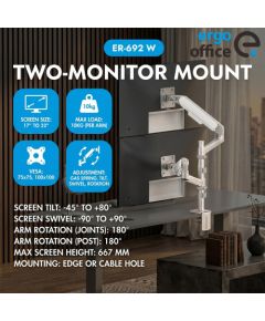 Ergo Office Mount/Hanger for 2 Monitors, Gas Spring, 17"-32", 1-10 kg, Matte White, ER-692 W TV un monitoru stiprinājumi, kronšteini