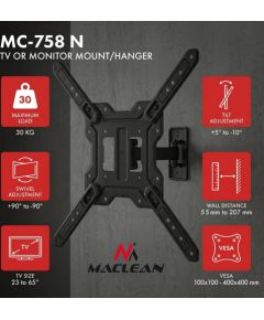 Maclean TV or Monitor Mount / Bracket, max. 23–65", max. load 30 kg, universal, max. VESA 400x400, MC-758 N TV un monitoru stiprinājumi, kronšteini