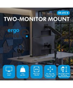 Ergo Office Mount / Holder for 2 Monitors, Gas Spring, 17"-32", 1-10 kg, Matte Black, ER-692 B TV un monitoru stiprinājumi, kronšteini