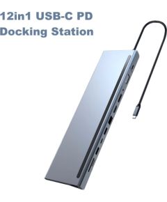 RoGer MST dokstacija 12in1 PD Klēpjdatora dokstacija USB-C uz HDMI / DisplayPort / VGA / USB-C PD / 3x USB / Audio / LAN / SD/TF Dokstacijas portatīvajiem datoriem