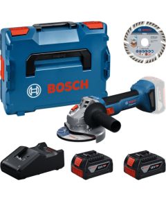 Bosch akumulatora leņķa slīpmašīnas komplekts 0615A500E7 ar diviem 4.0 Ah akumulatoriem, 125 mm griešanas disku un L-BOXX Slīpmašīnas