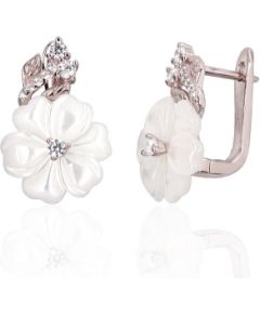 Серебряные серьги на английском замке #2204320(PRh-Gr)_CZ+PL-W, Серебро 925°, родий (покрытие), Цирконы, Перламутр, 3.7 гр. Ar "angļu" slēdzēju