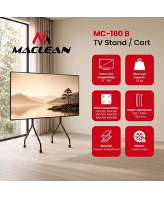 Maclean TV Stand / Cart, on wheels, 37–80", max. load 50 kg, max. VESA 600x400, black, MC-180 B Крепления для телевизоров