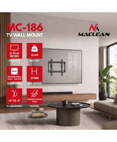 Maclean TV Mount / Bracket, max VESA 200x200, 13-43", up to 45 kg, black, tilt adjustment 0°–8°, MC-186 Крепления для телевизоров