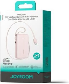 Joyroom JR-PR2L Power Bank with Digital Display, C+U+U, PD 35W, 10000 mAh with Built-in Retractable Type-C and Lightning Lanyard cable (0.7m) Uzlādes akumulators / rozā Power Banks