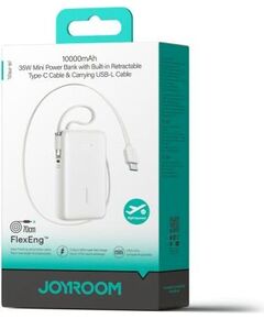 Joyroom JR-PR2L Power Bank with Digital Display, C+U+U, PD 35W, 10000 mAh with Built-in Retractable Type-C and Lightning Lanyard cable (0.7m) Uzlādes akumulators / balts Power Banks