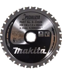 Griešanas disks metālam Makita B-33526; 136x1,5x20,0 mm; Z30; 0° Zāģripas