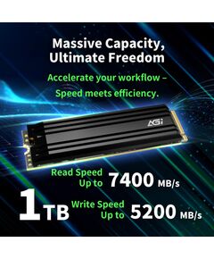 Agi Technology SSD AGI 750xTBW rating MTBF 2000000 h Read speed 7400 MB/s Write speed 5200 MB/s NVMe Yes PCI Express 4.0 M.2 1000 GB AGI1T0G44AI828-CB SSD Cietie Diski (Solid state drive)