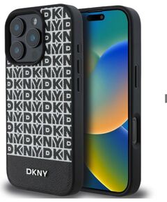 DKNY Apple  iPhone 16 Pro Max PU Leather Repeat Pattern Bottom Stripe MagSafe Case Black Чехлы - альтернативные
