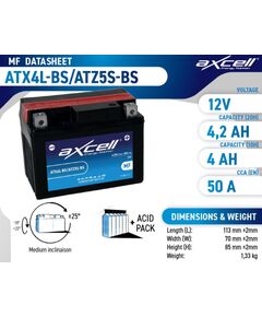 4.2Ah 50A Axcell AGM moto akumulators 113x70x85 Аккумуляторы