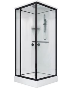 Dušas kabīne GOTLAND Berta 80*80*215cm , baltā aizmugure, caurspīdīgie stikli, melnais profils, seklais paliktnis 12cm Dušas kabīnes