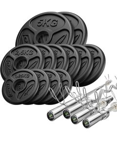 65 kg komplekts | Olimpiskais 180 cm stienis + Olimpiskais 120 cm vieglais lauztais stienis + 2x Olimpiskais 50 cm īsais stienis + Olimpiskie svari 2x5kg, 6x2,5kg, 4x1,25kg - Marbo Sport Hanteles