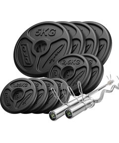 Komplekts 55 kg | Olimpiskais svaru stienis 180 cm + viegli izliekts stienis 120 cm + svaru diski 4x5 kg, 2x2,5 kg, 4x1,25 kg - Marbo Sport Hanteles