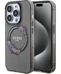 Guess Apple  iPhone 15 Pro PC TPU Flowers Ring Glossy Logo MagSafe Transparent Black Neoriģinālie Maciņi